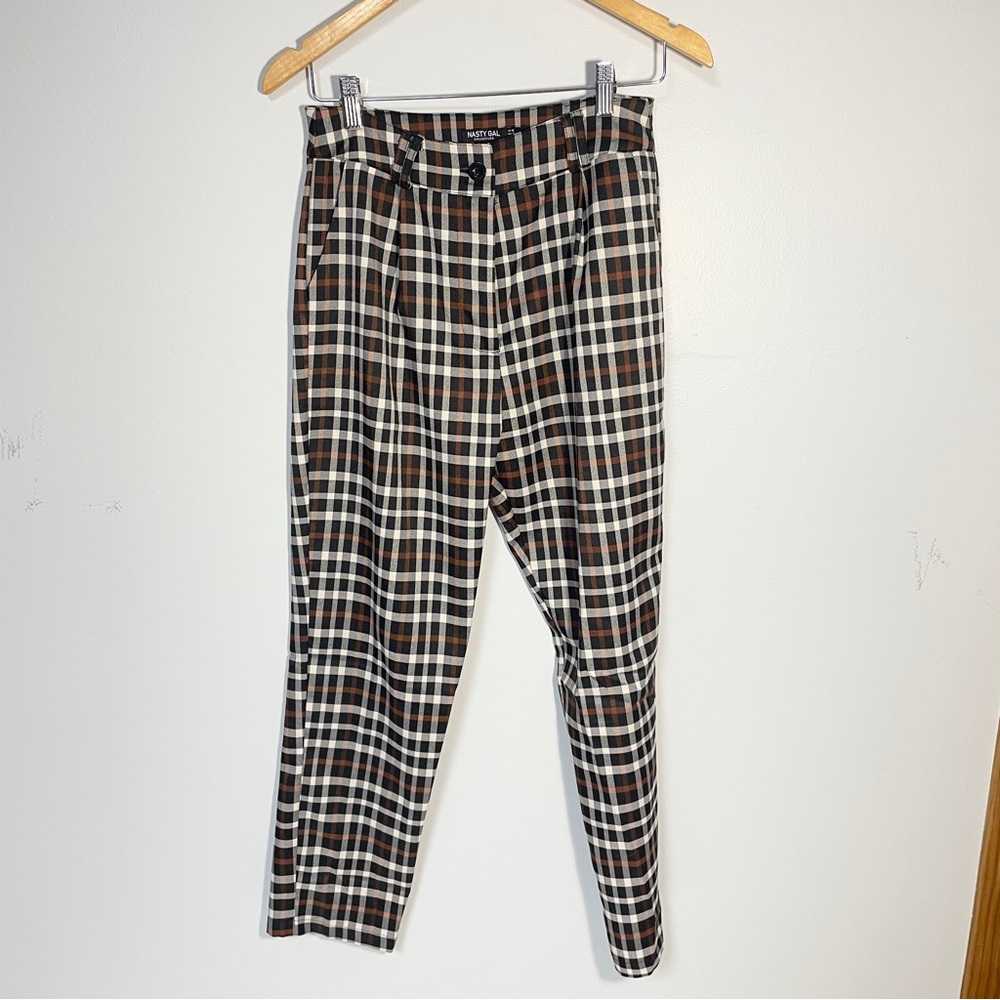 Nasty Gal Women's High Waisted Brown Black Plaid Pleated Pants‎ size 6